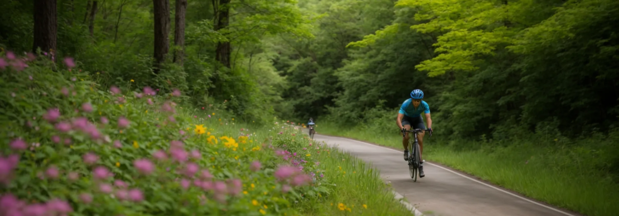 A scenic view of a bike trail through a green forest